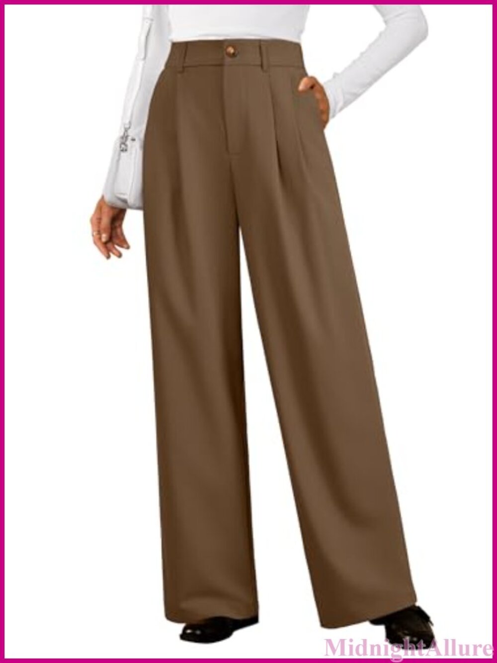 Wool Blend Straight Leg Business Casual Pants with Pleats and Pockets